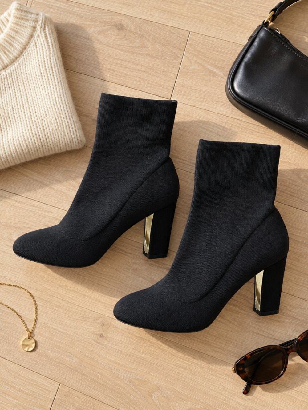 ✨Carvela Black Stretch Knit Sock Booties Polished Gold Statement Block Heel 38✨
